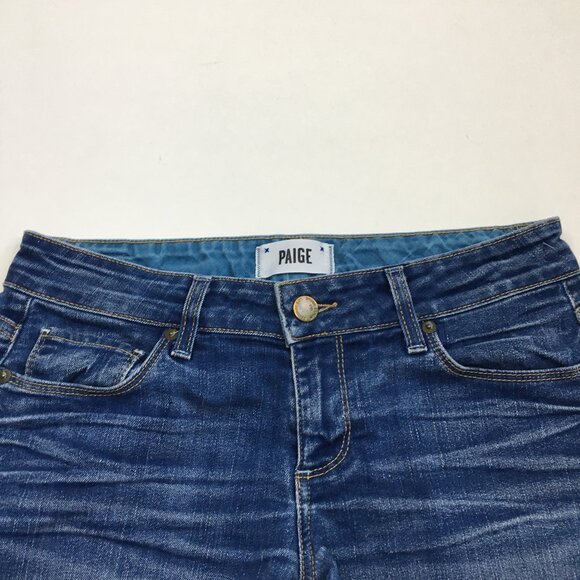 PAIGE Medium Wash 5 Pocket Logo Hardware JIMMY JIMMY Cuffed Hem Denim Shorts - Picture 4 of 9